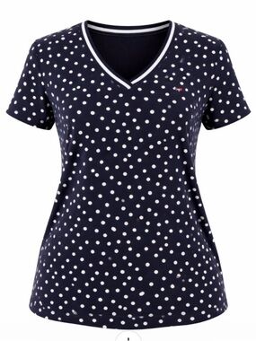 Tommy Hilfiger Womens Size M Navy Blue White Polka Dot Top Short Sleeve V-Neck